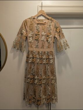 bohme Beige Midi Dress with Yellow & White Floral Embroidery
